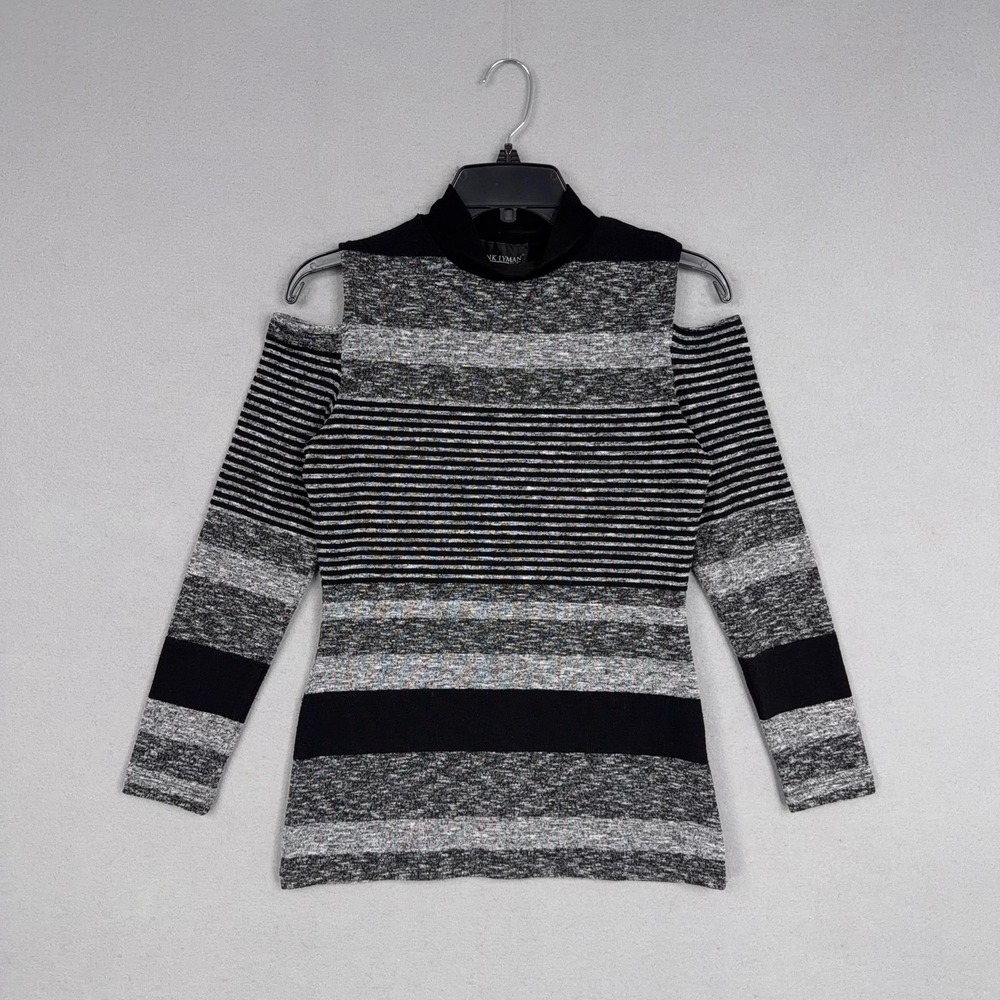 Frank Lyman Sweater Womens 6 Black Gray Stripe Cold Shoulder Mock Neck Knit